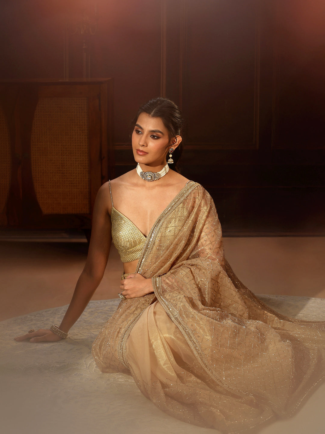 Libas Beige Embellished Jaal Work Net Saree