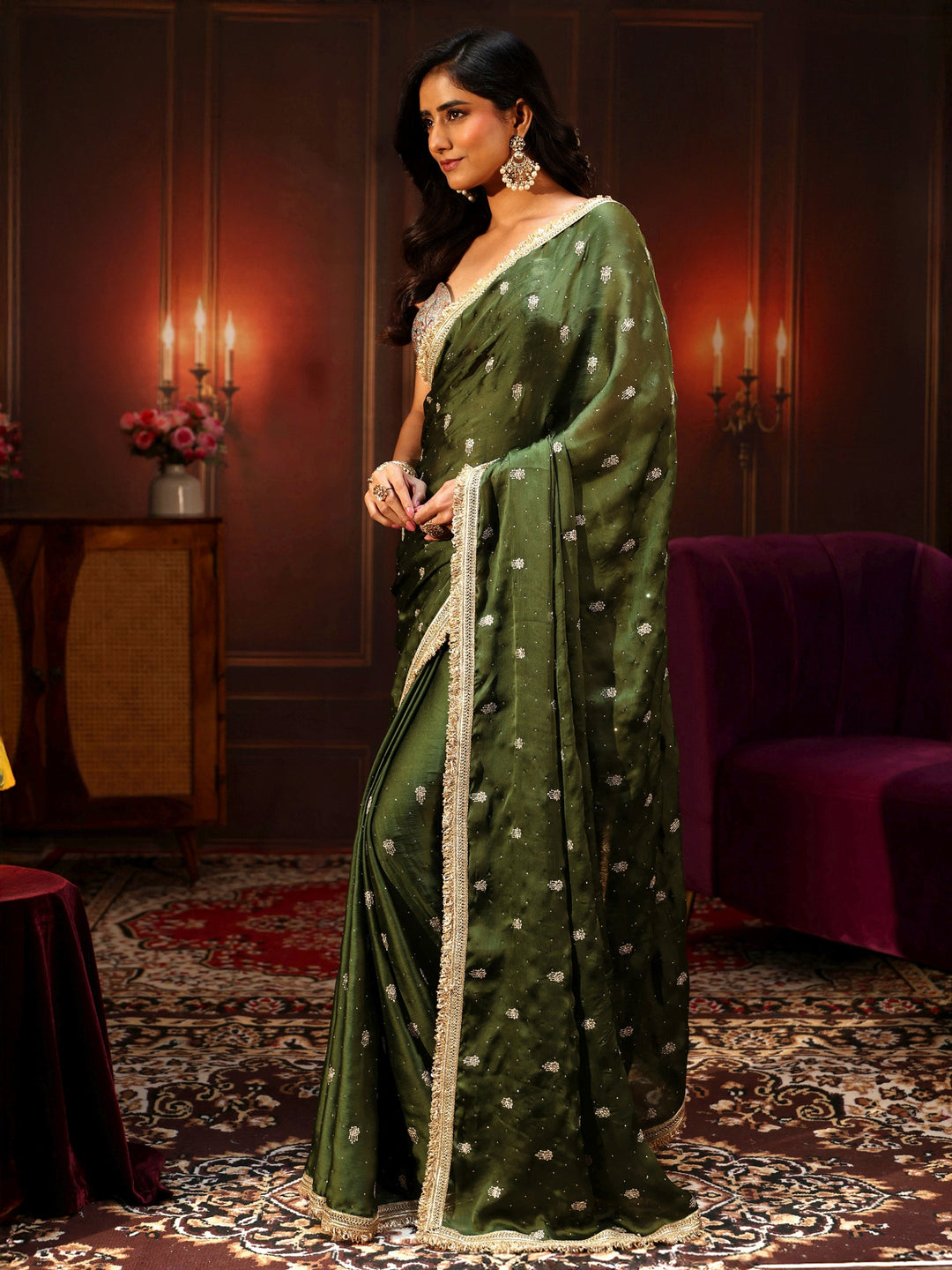 Libas Leaf Green Embellished Chinon Saree with Gota Border