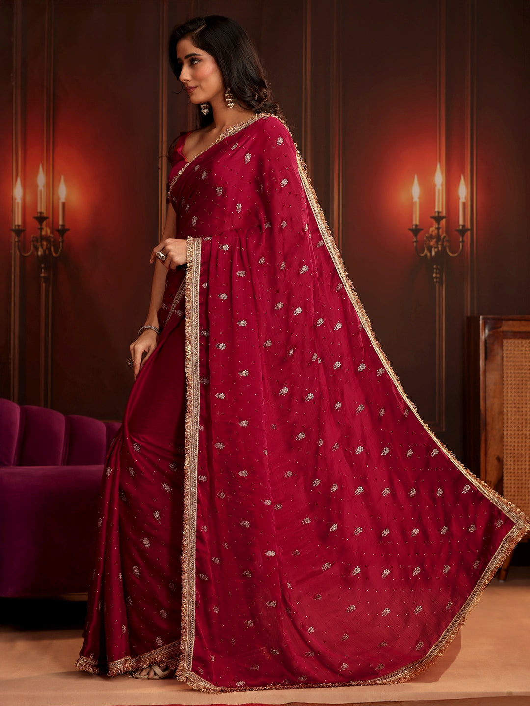 Libas Ruby Red Embellished Chinon Saree