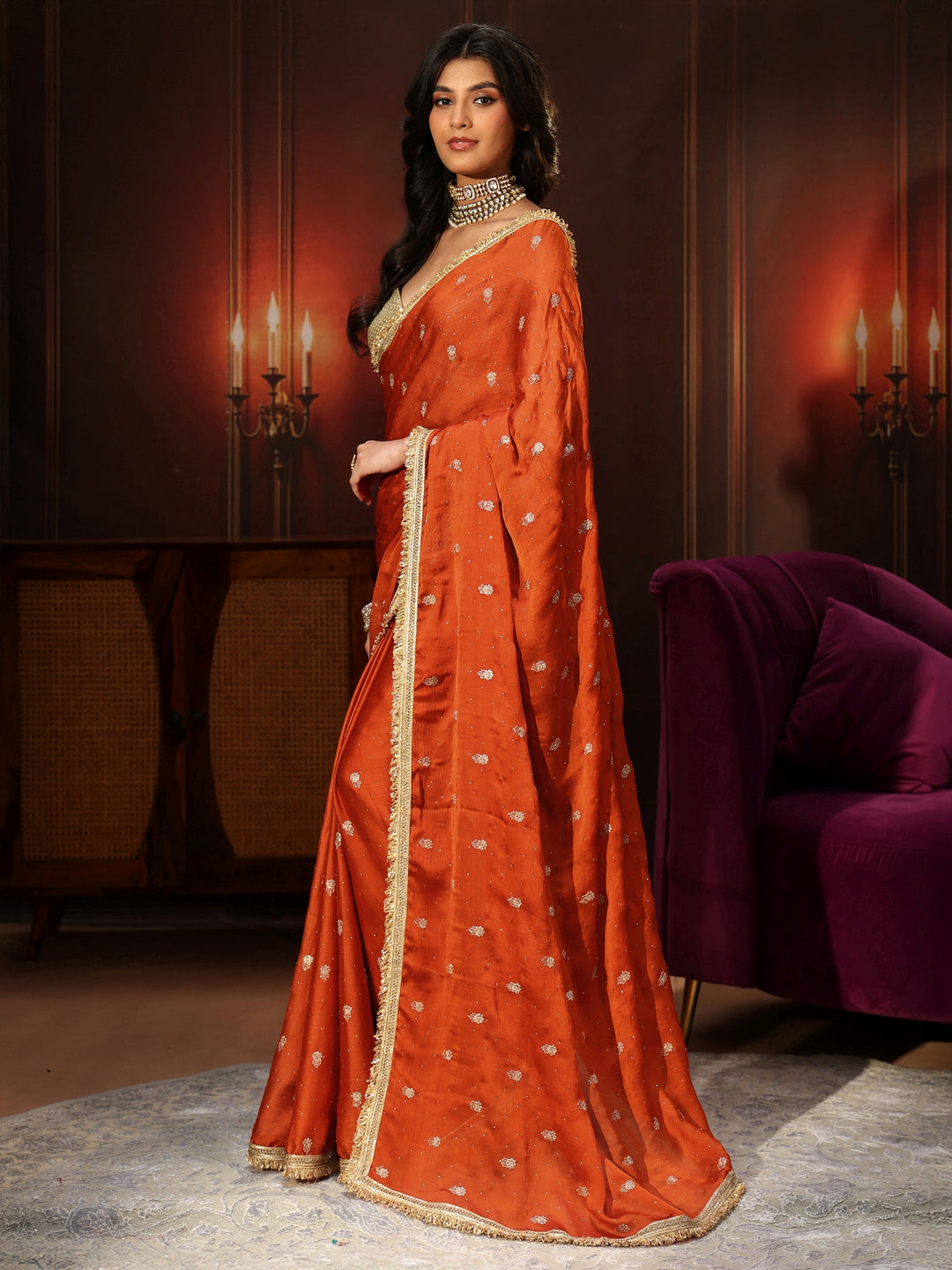 Libas Orange Embellished Chinon Saree with Gota Border