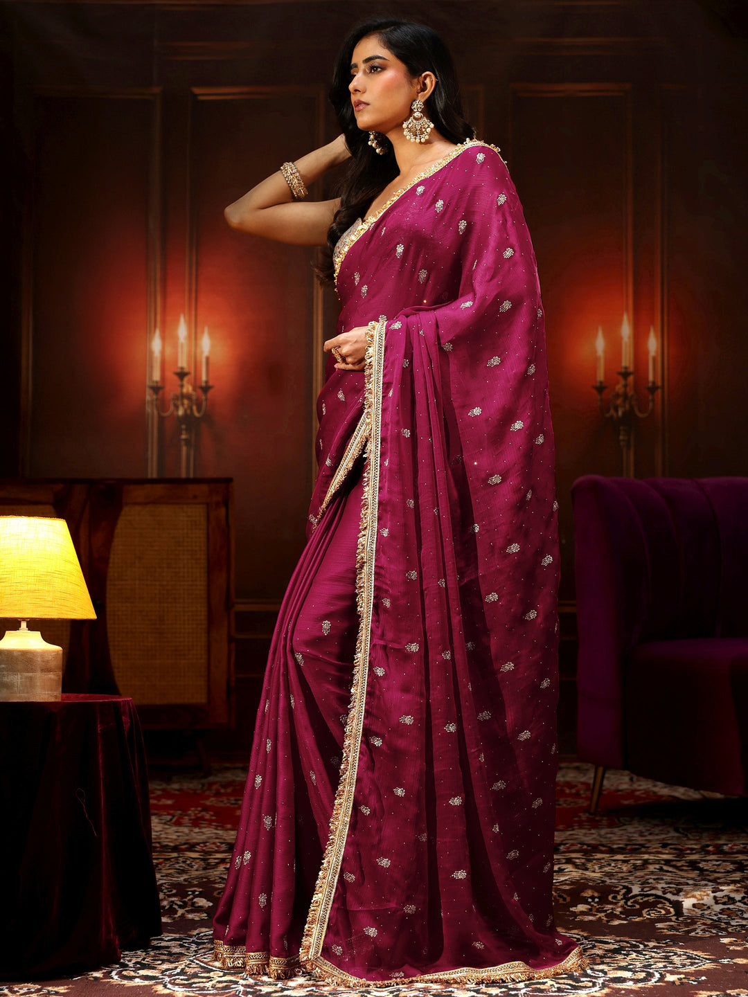 Libas Magenta Pink Embellished Chinon Saree with Gota Border