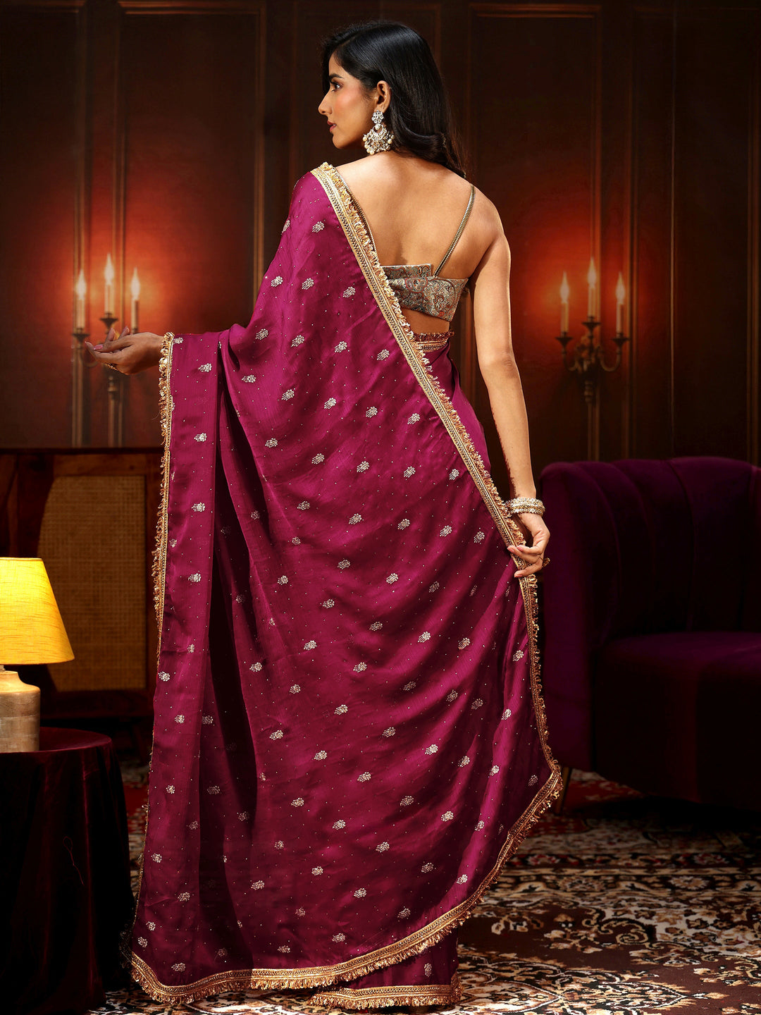 Libas Magenta Pink Embellished Chinon Saree with Gota Border
