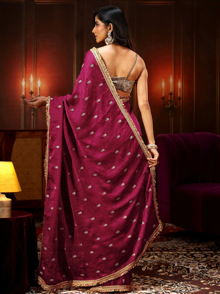 Libas Magenta Pink Embellished Chinon Saree with Gota Border