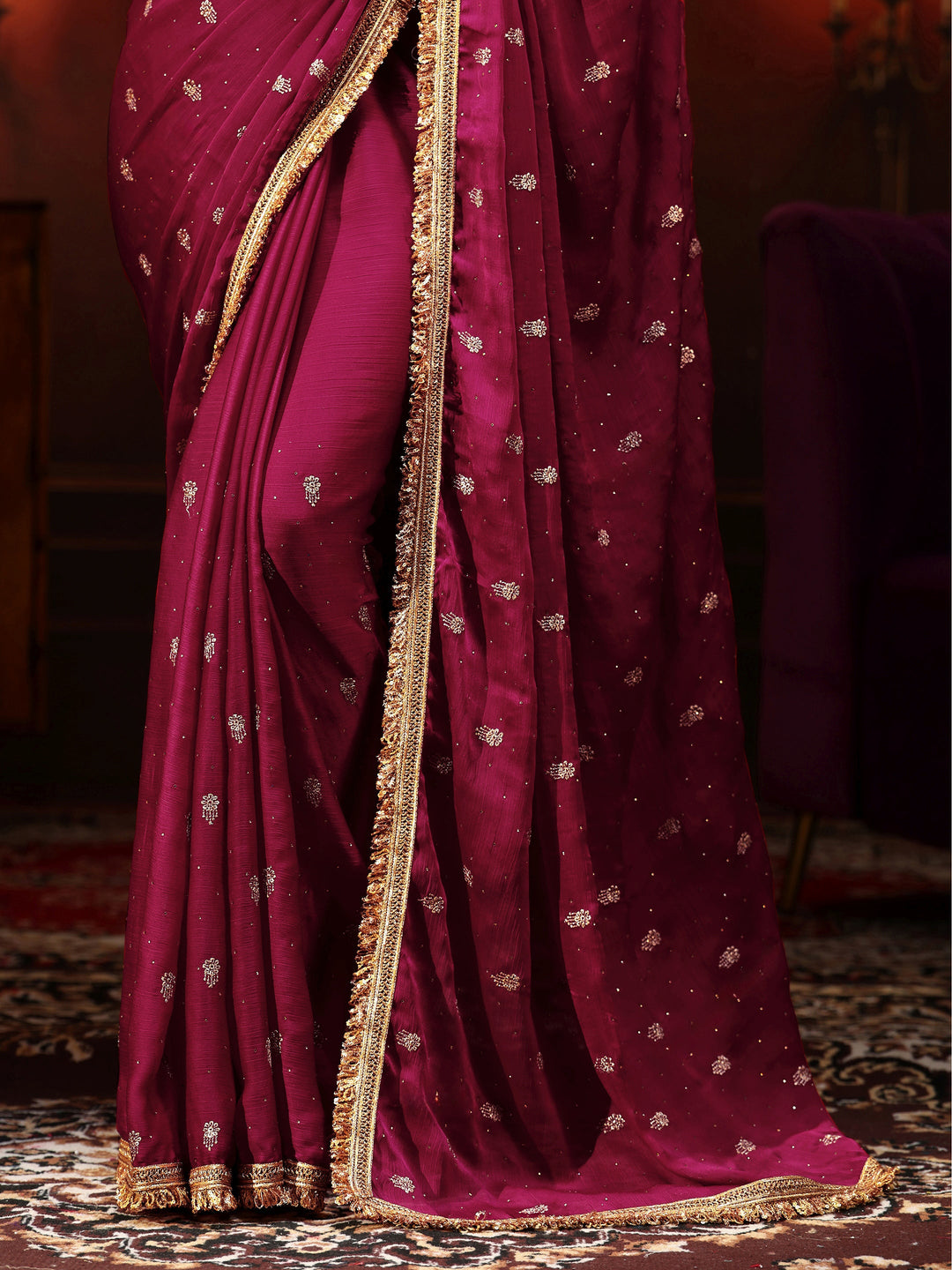 Libas Magenta Pink Embellished Chinon Saree with Gota Border