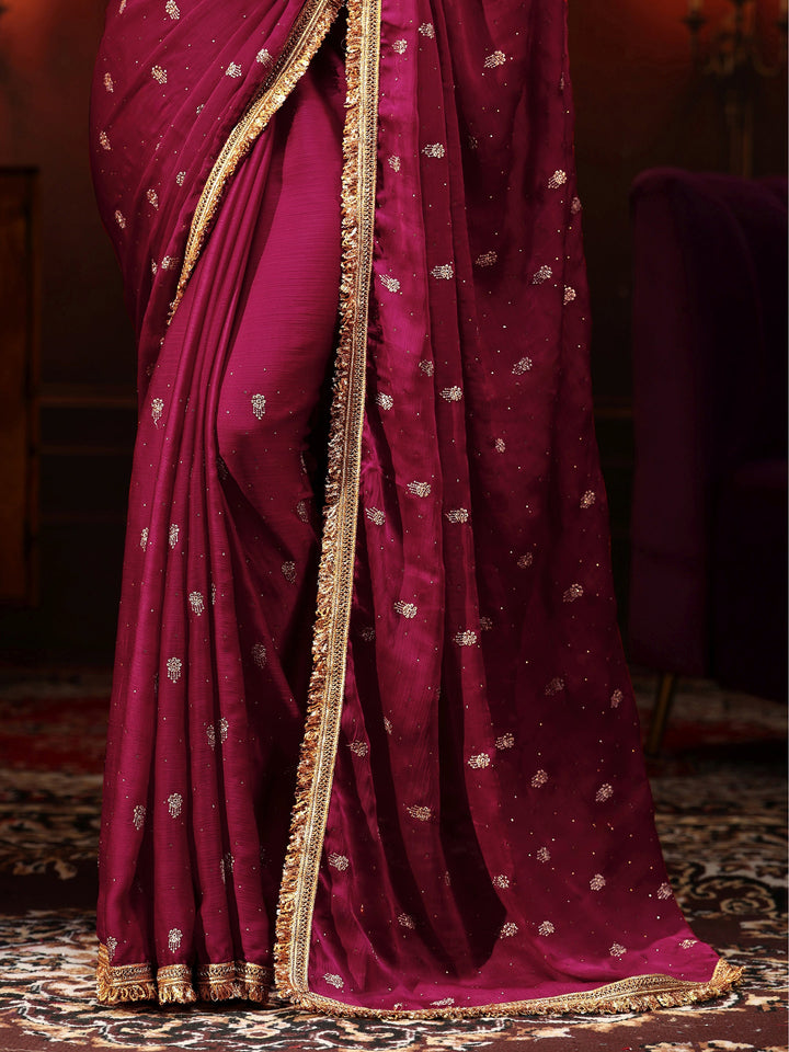 Libas Magenta Pink Embellished Chinon Saree with Gota Border