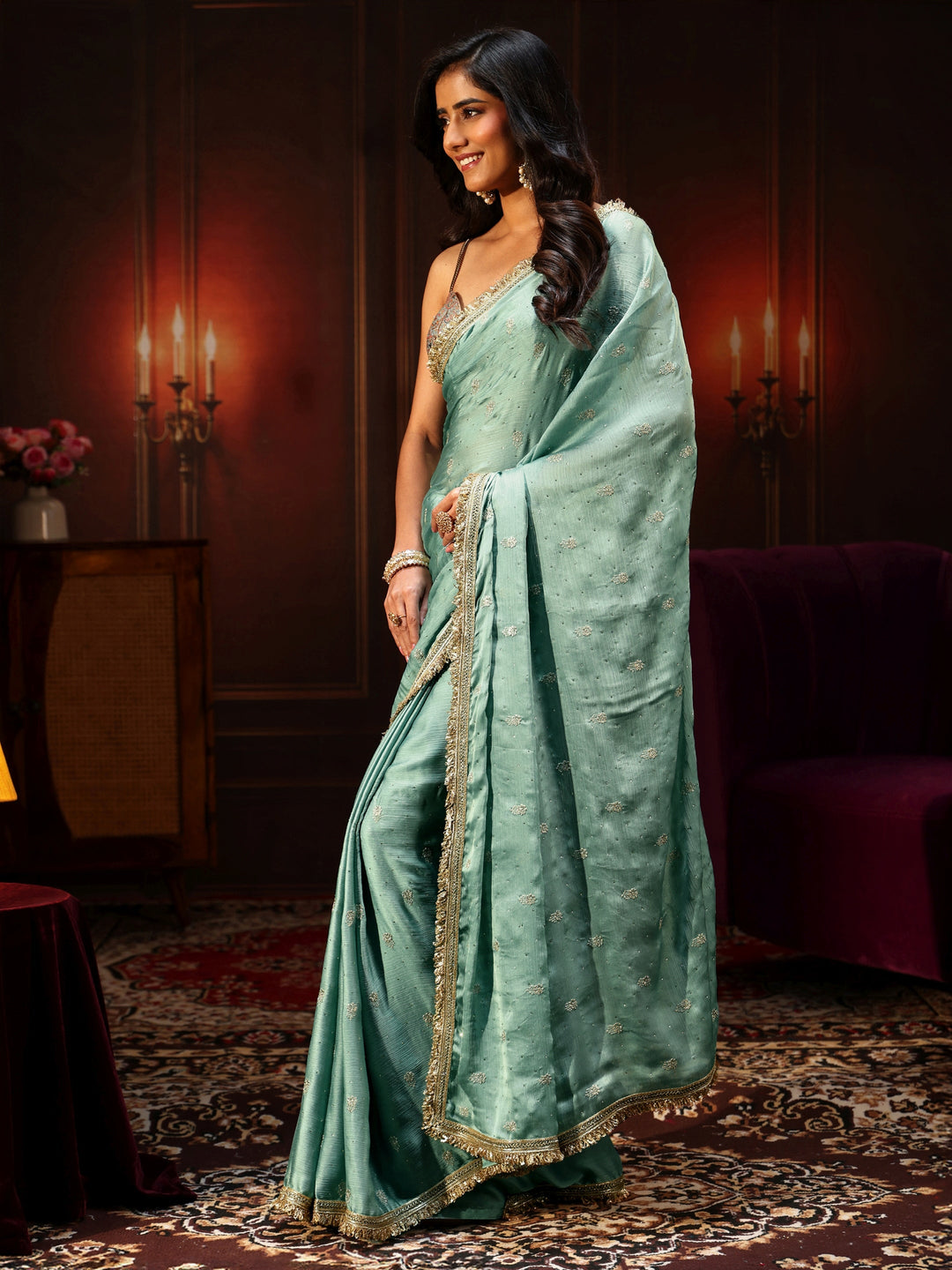 Libas Sea Blue Embellished Chinon Saree with Gota Border