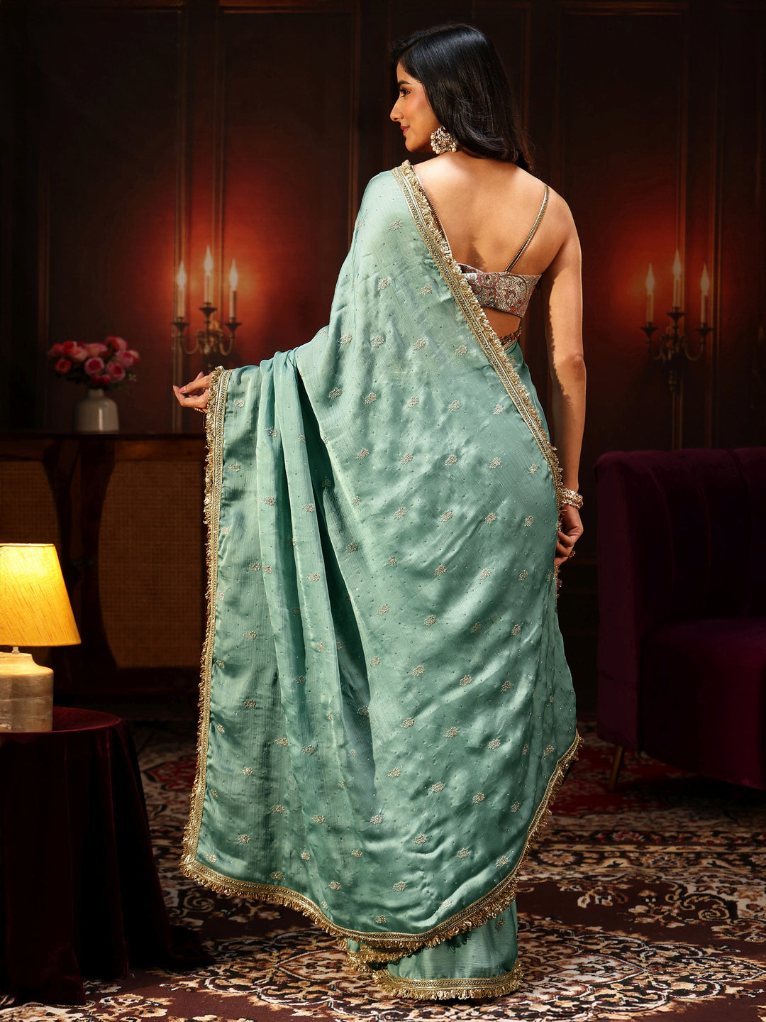 Libas Sea Blue Embellished Chinon Saree with Gota Border