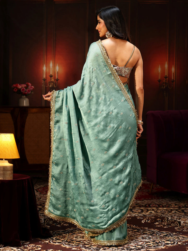 Libas Sea Blue Embellished Chinon Saree with Gota Border