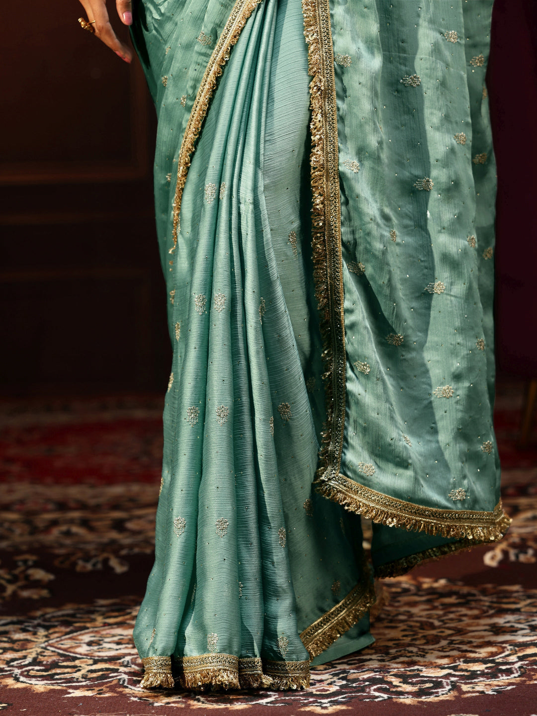 Libas Sea Blue Embellished Chinon Saree with Gota Border