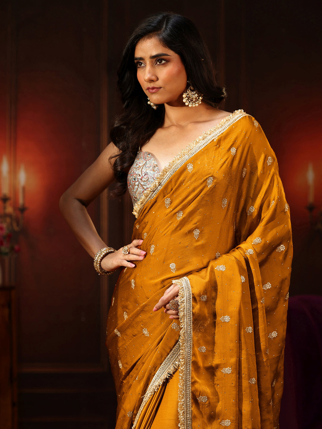 Libas Mustard Embellished Chinon Saree with Gota Border