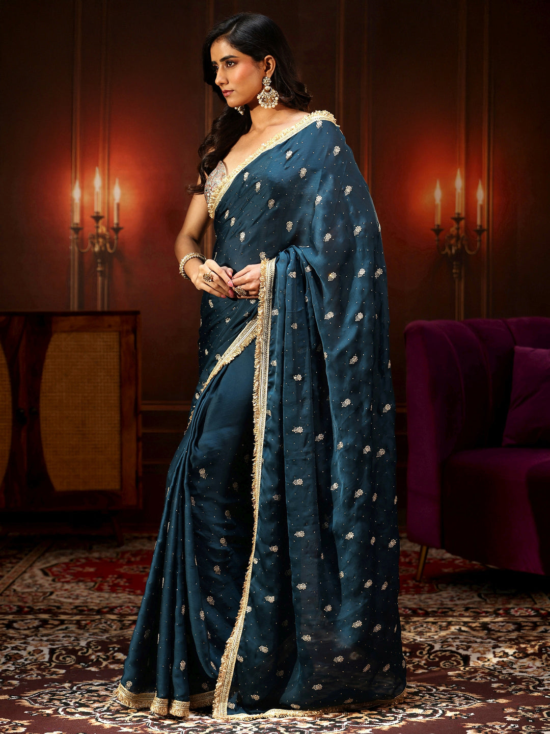 Libas Midnight Blue Embellished Chinon Saree with Gota Border