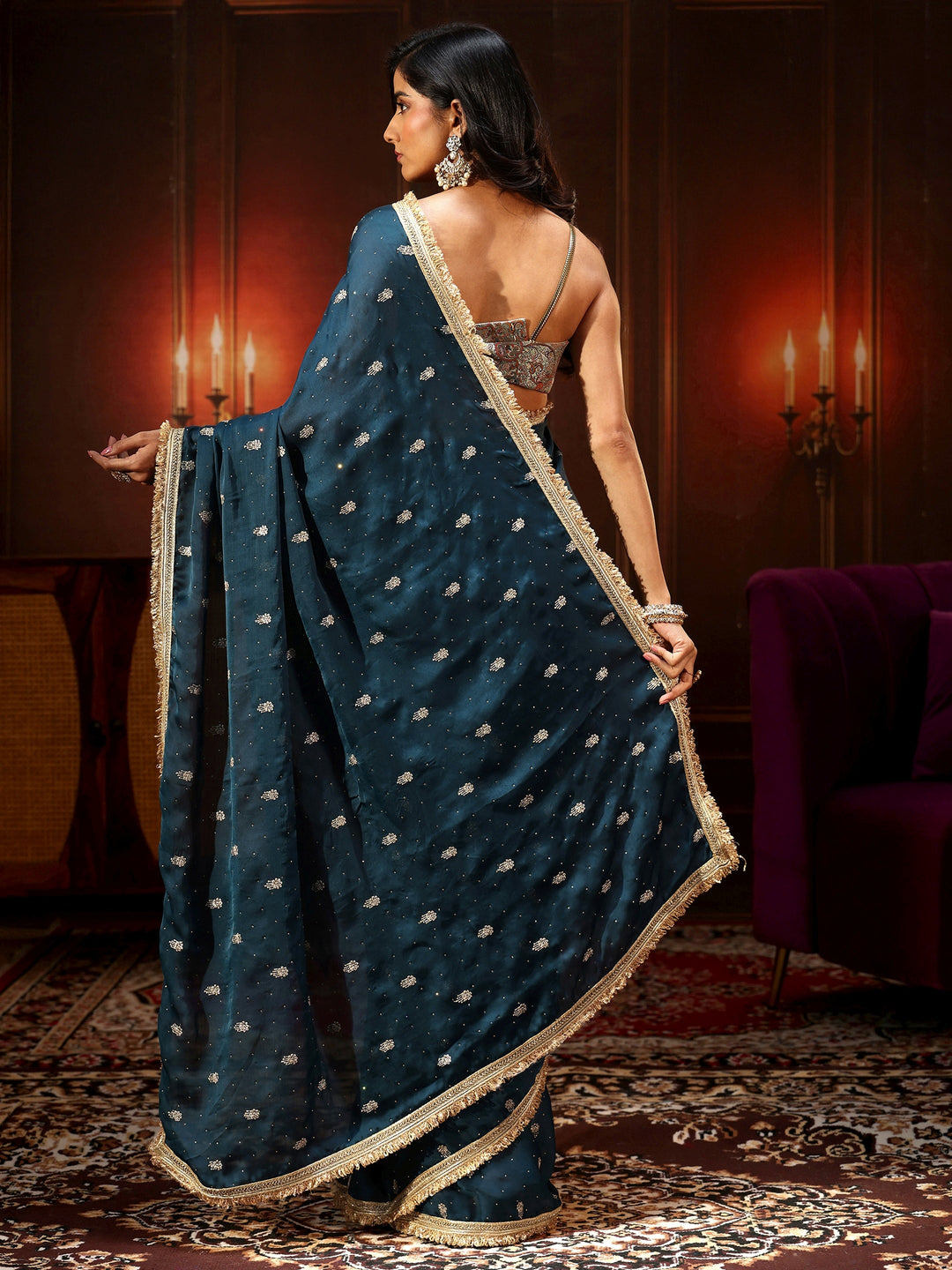 Libas Midnight Blue Embellished Chinon Saree with Gota Border