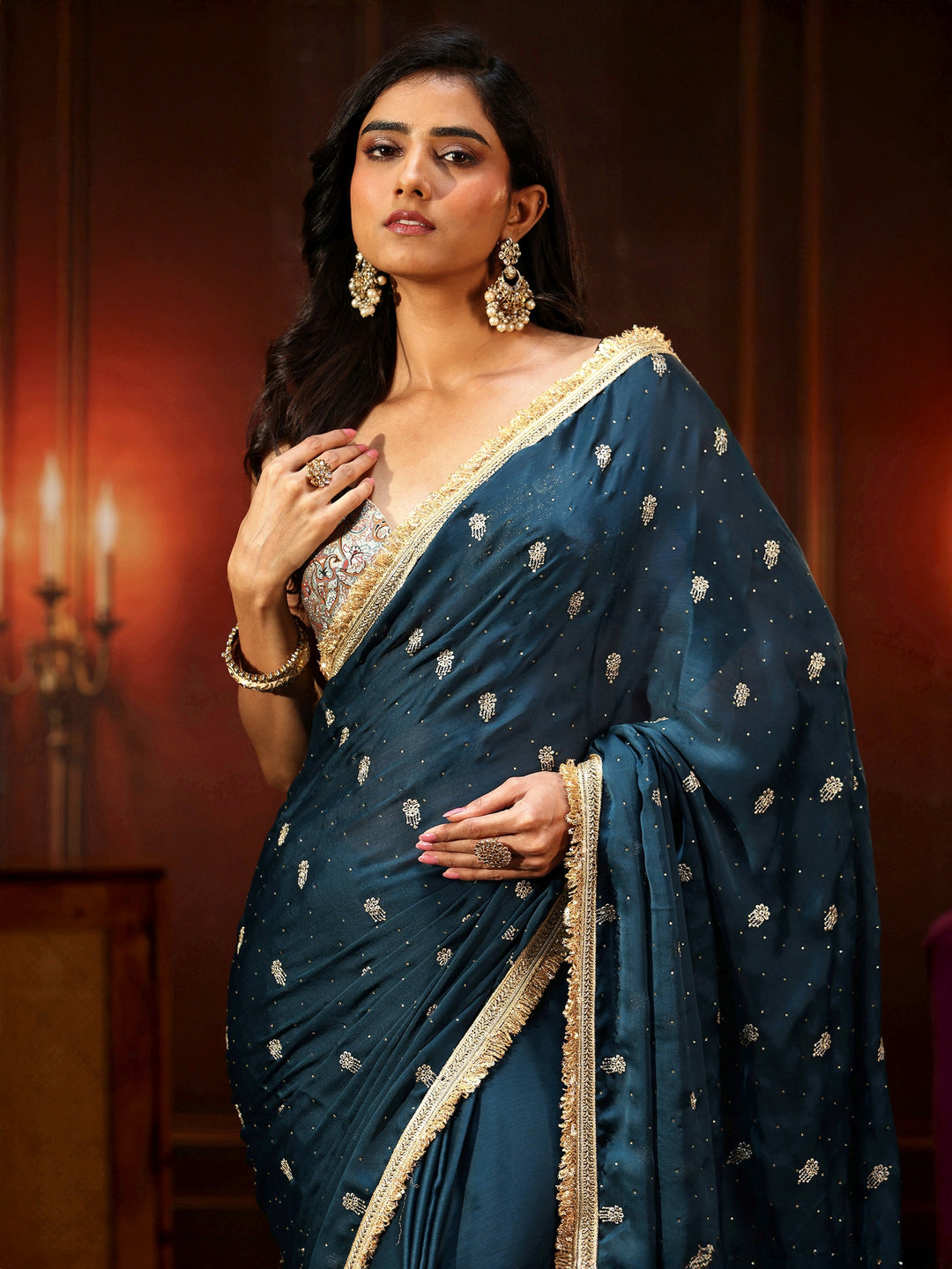 Libas Midnight Blue Embellished Chinon Saree with Gota Border