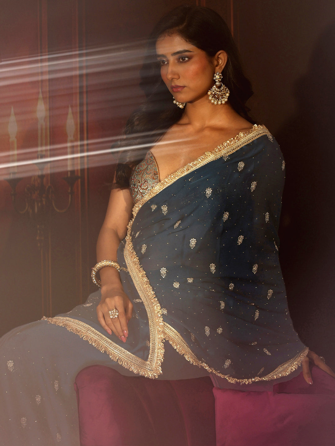 Libas Midnight Blue Embellished Chinon Saree with Gota Border