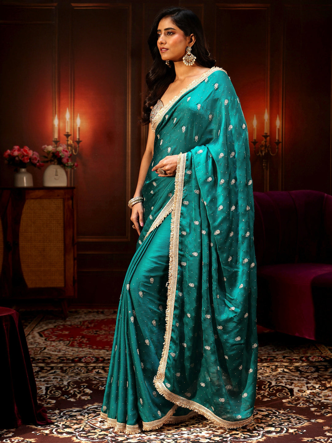 Libas Cerulean Blue Embellished Chinon Saree with Gota Border