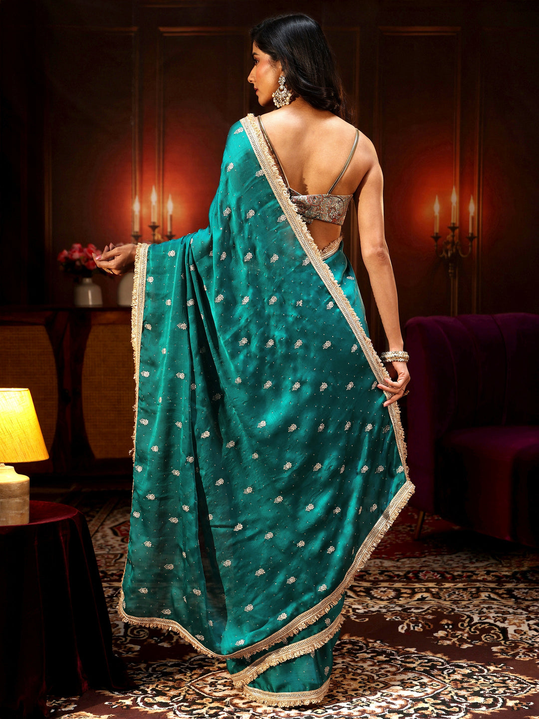 Libas Cerulean Blue Embellished Chinon Saree with Gota Border