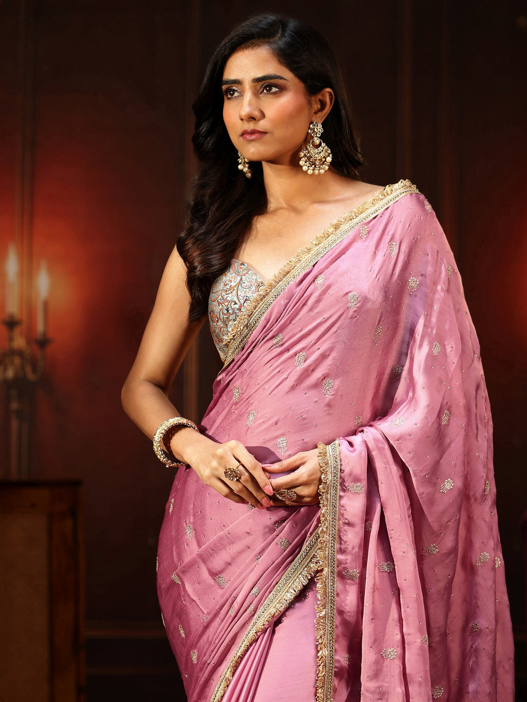Libas Bubblegum Pink Embellished Chinon Saree with Gota Border