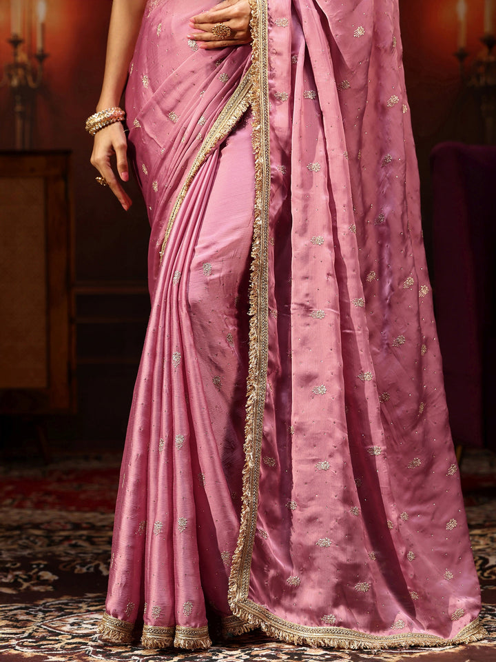 Libas Bubblegum Pink Embellished Chinon Saree with Gota Border