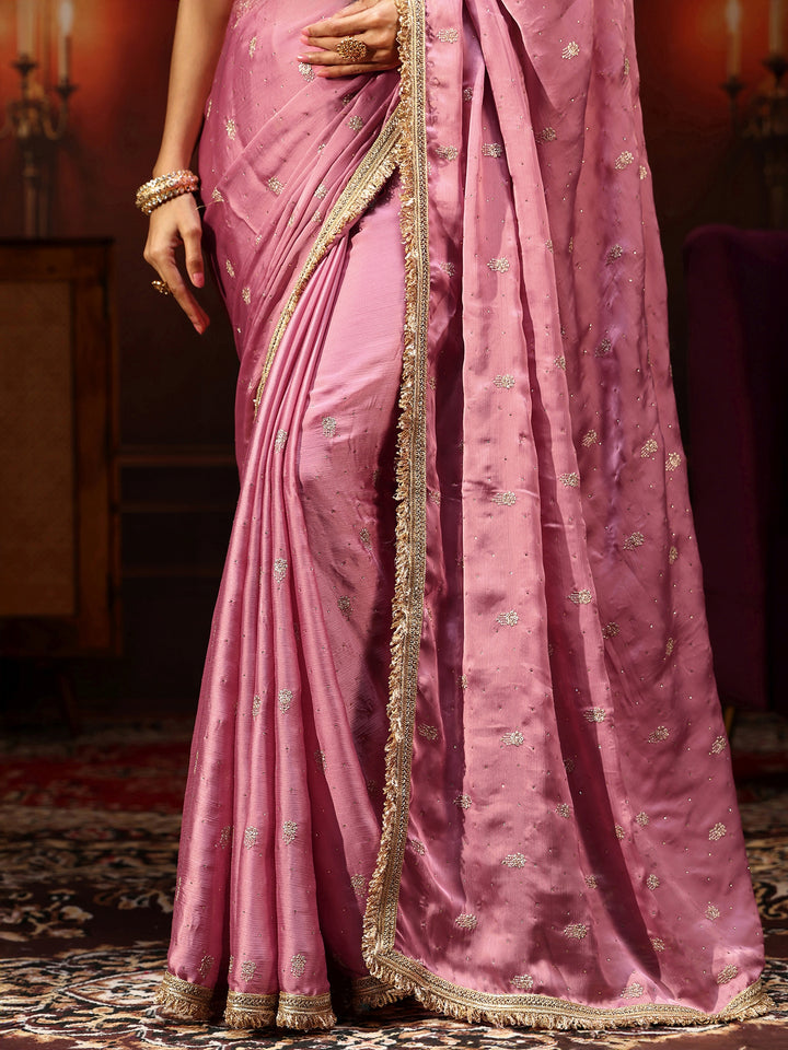 Libas Bubblegum Pink Embellished Chinon Saree with Gota Border