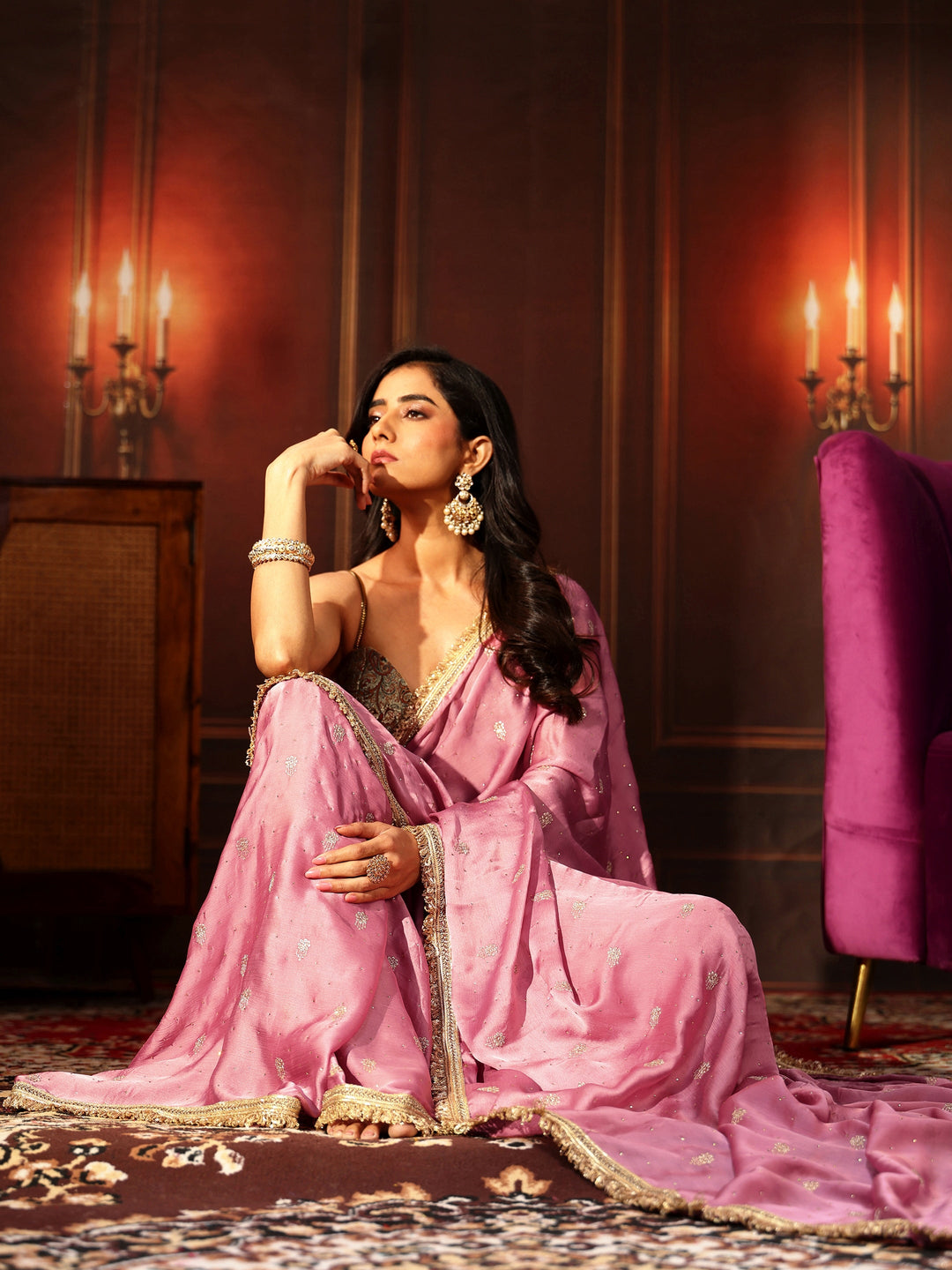 Libas Bubblegum Pink Embellished Chinon Saree with Gota Border