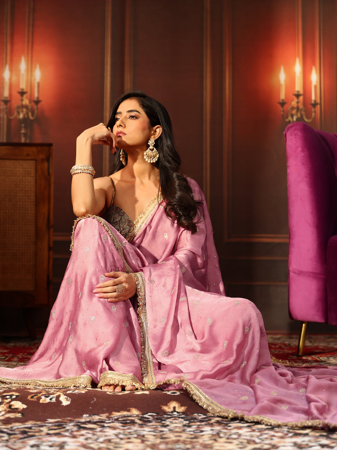 Libas Bubblegum Pink Embellished Chinon Saree with Gota Border