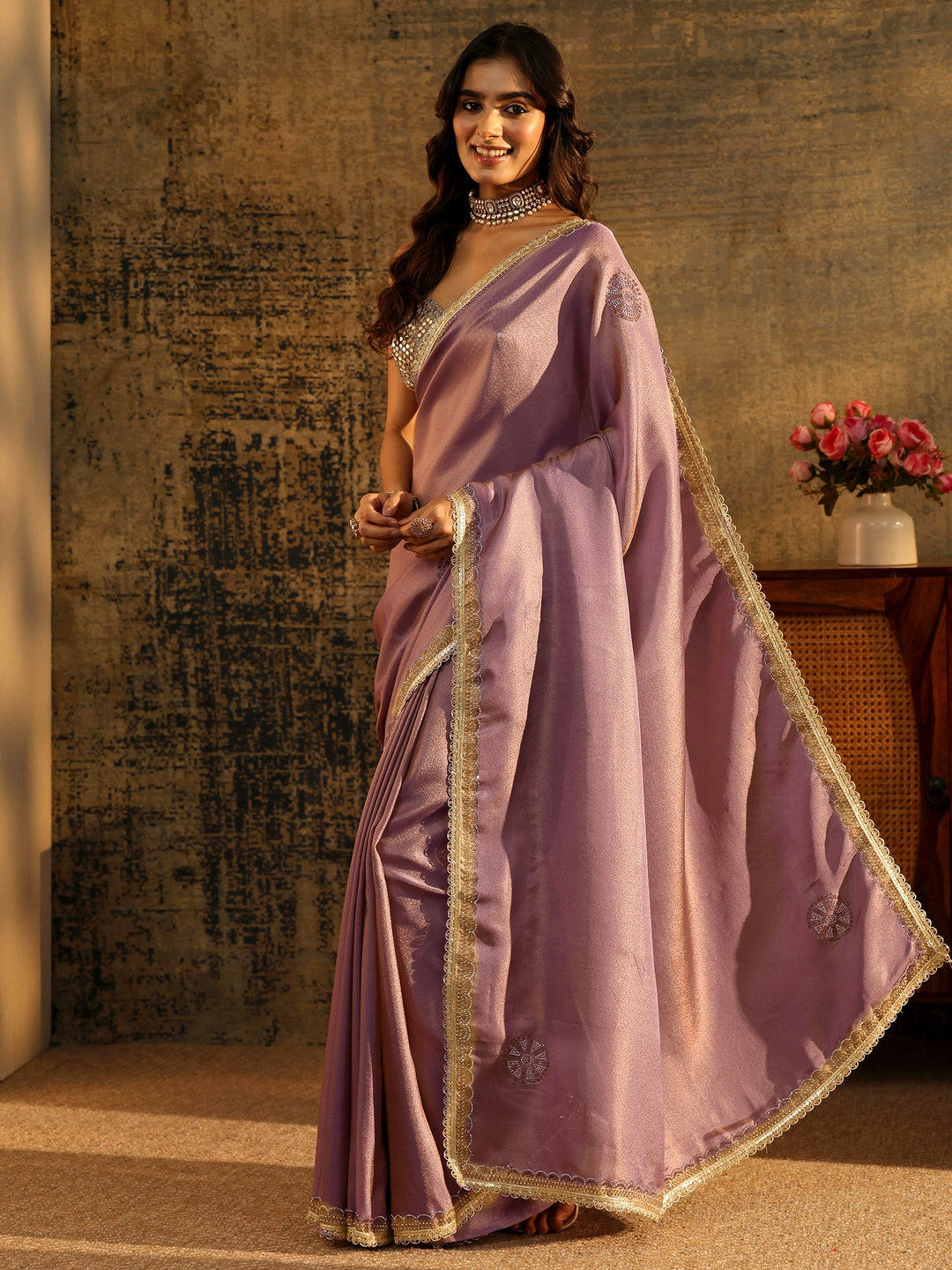 Libas Lavender Embellished Tissue Saree with Gota Border