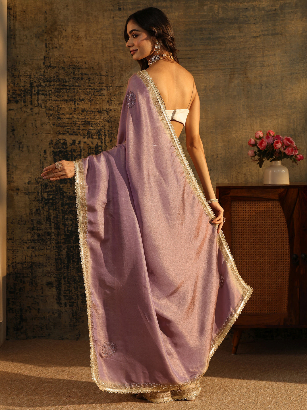 Libas Lavender Embellished Tissue Saree with Gota Border
