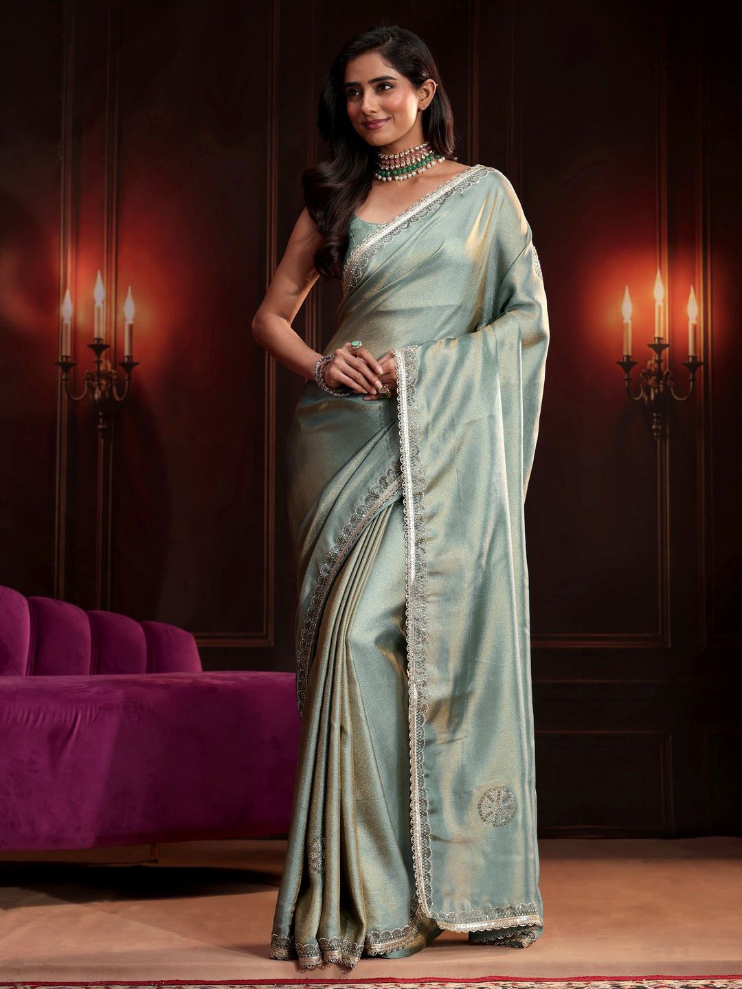 Libas Dusty Aqua Blue Embellished Tissue Saree