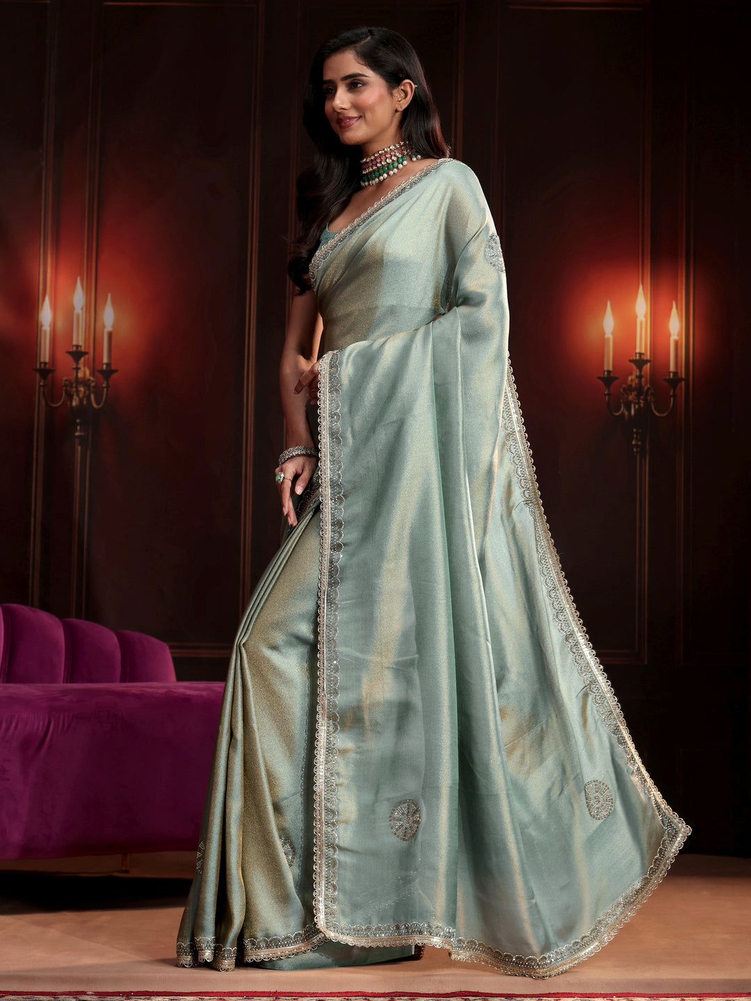 Libas Dusty Aqua Blue Embellished Tissue Saree