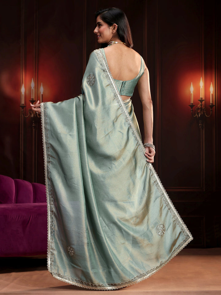 Libas Dusty Aqua Blue Embellished Tissue Saree
