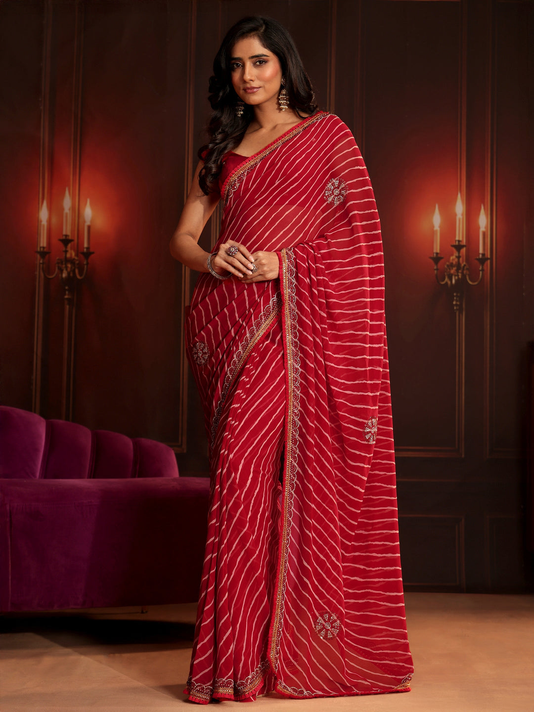 Libas Crimson Red Leheriya Printed Embellished Georgette Saree