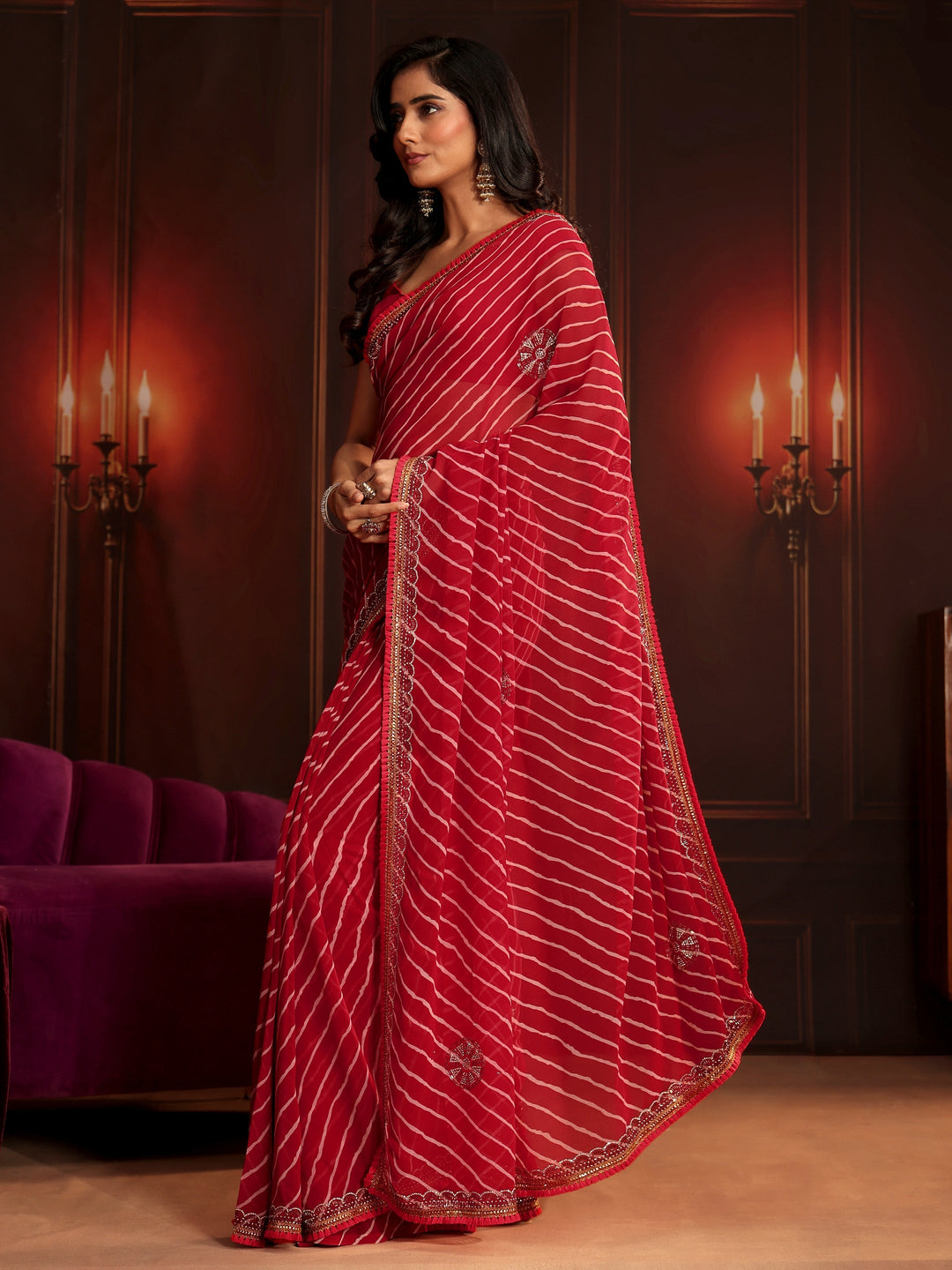 Libas Crimson Red Leheriya Printed Embellished Georgette Saree