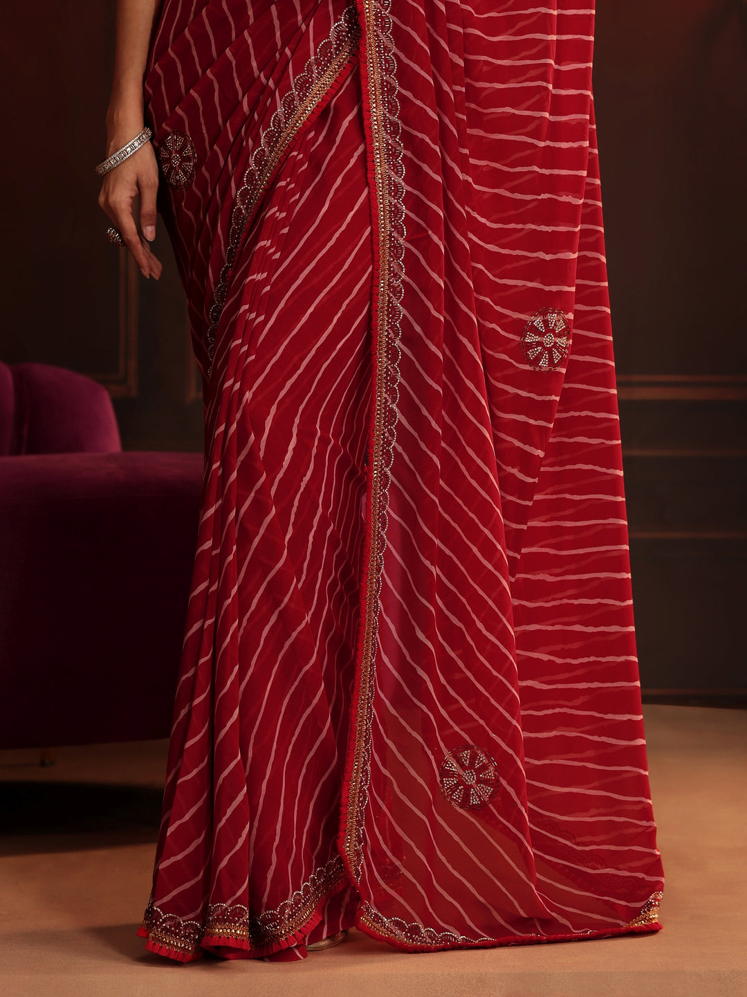 Libas Crimson Red Leheriya Printed Embellished Georgette Saree