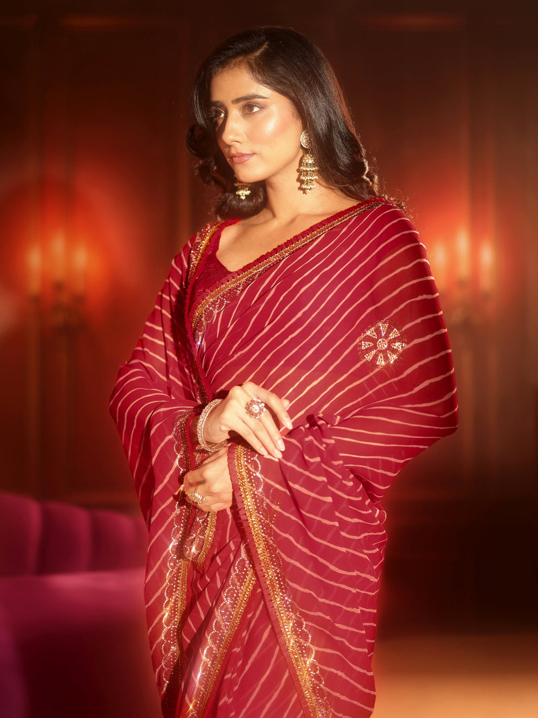 Libas Crimson Red Leheriya Printed Embellished Georgette Saree