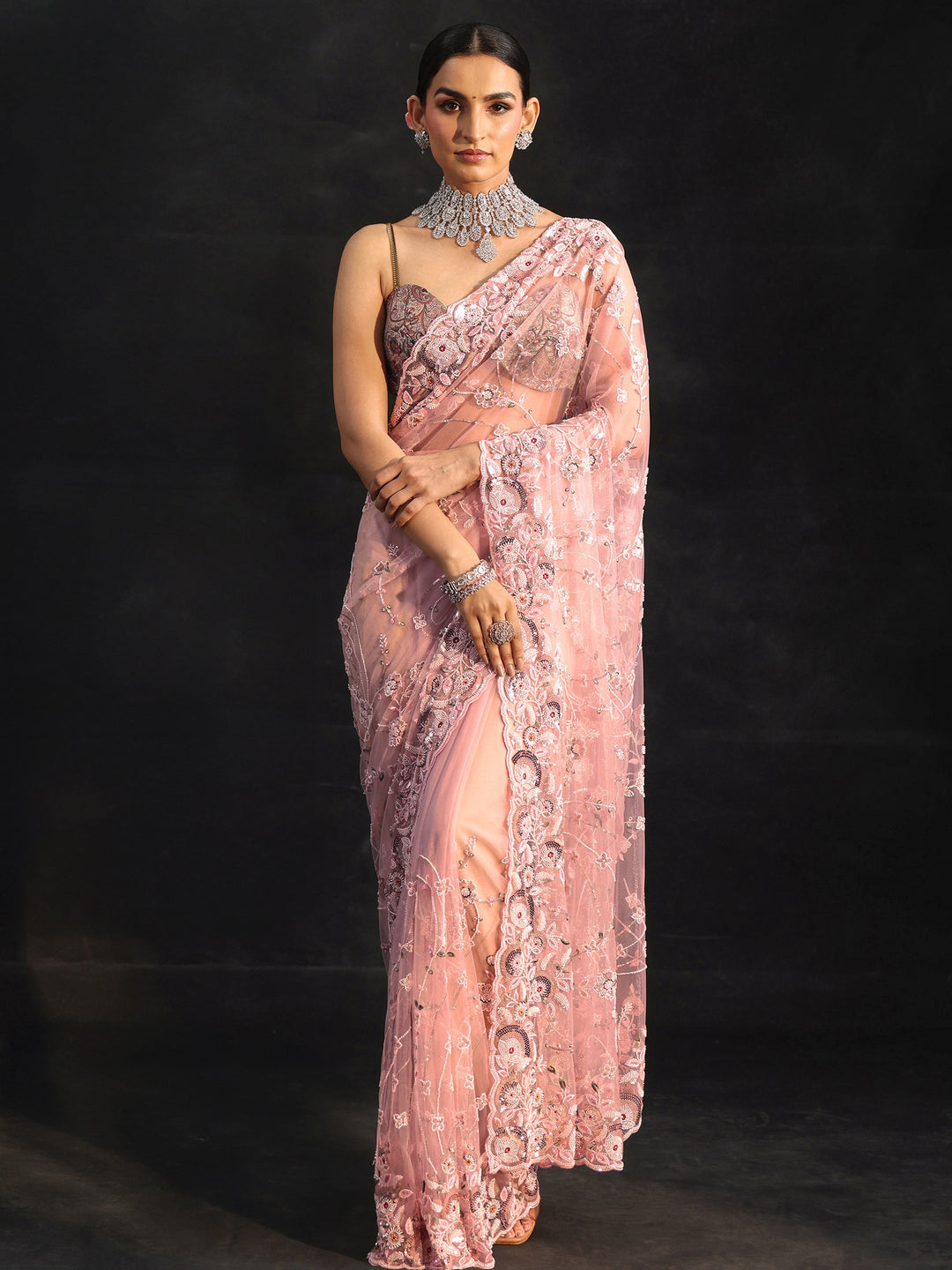 Libas Art Blush Pink Bead and Sequin Embellished Floral Net Saree