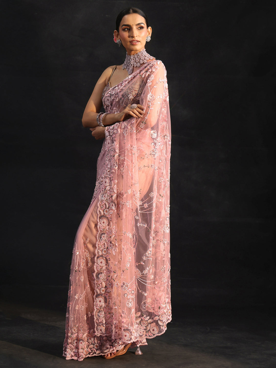 Libas Art Blush Pink Bead and Sequin Embellished Floral Net Saree