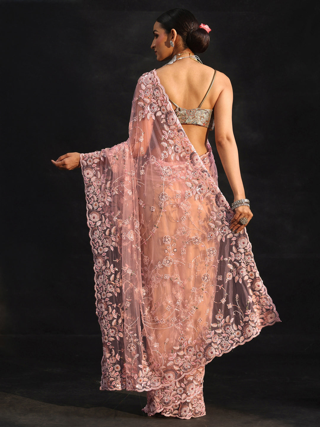 Libas Art Blush Pink Bead and Sequin Embellished Floral Net Saree
