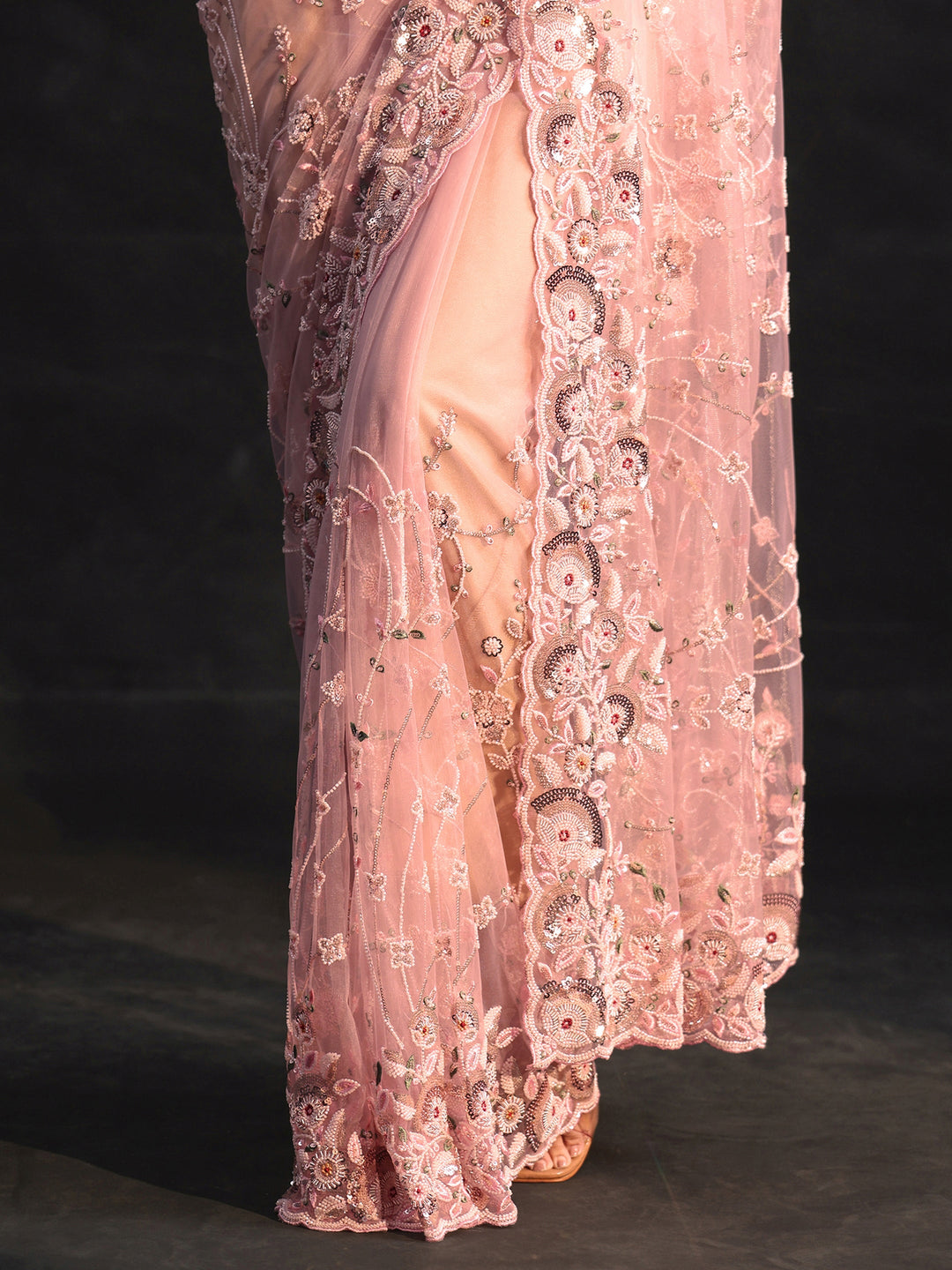 Libas Art Blush Pink Bead and Sequin Embellished Floral Net Saree
