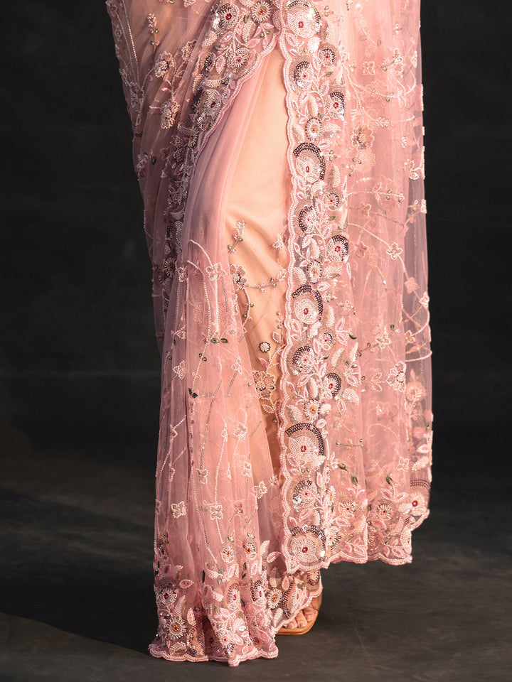 Libas Art Blush Pink Bead and Sequin Embellished Floral Net Saree