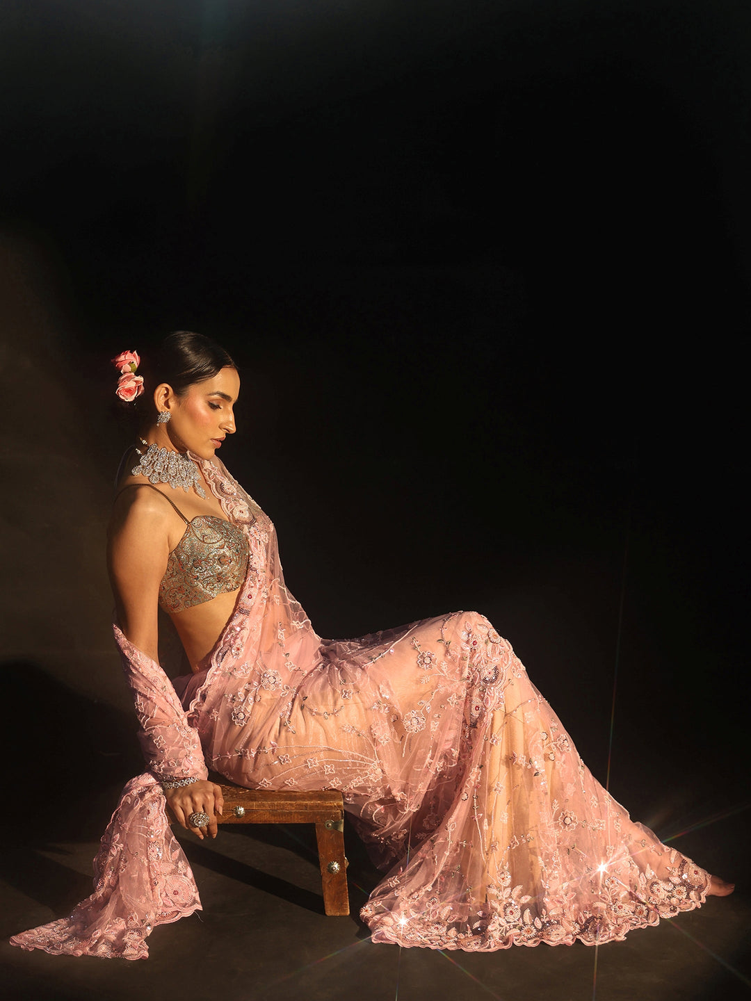 Libas Art Blush Pink Bead and Sequin Embellished Floral Net Saree