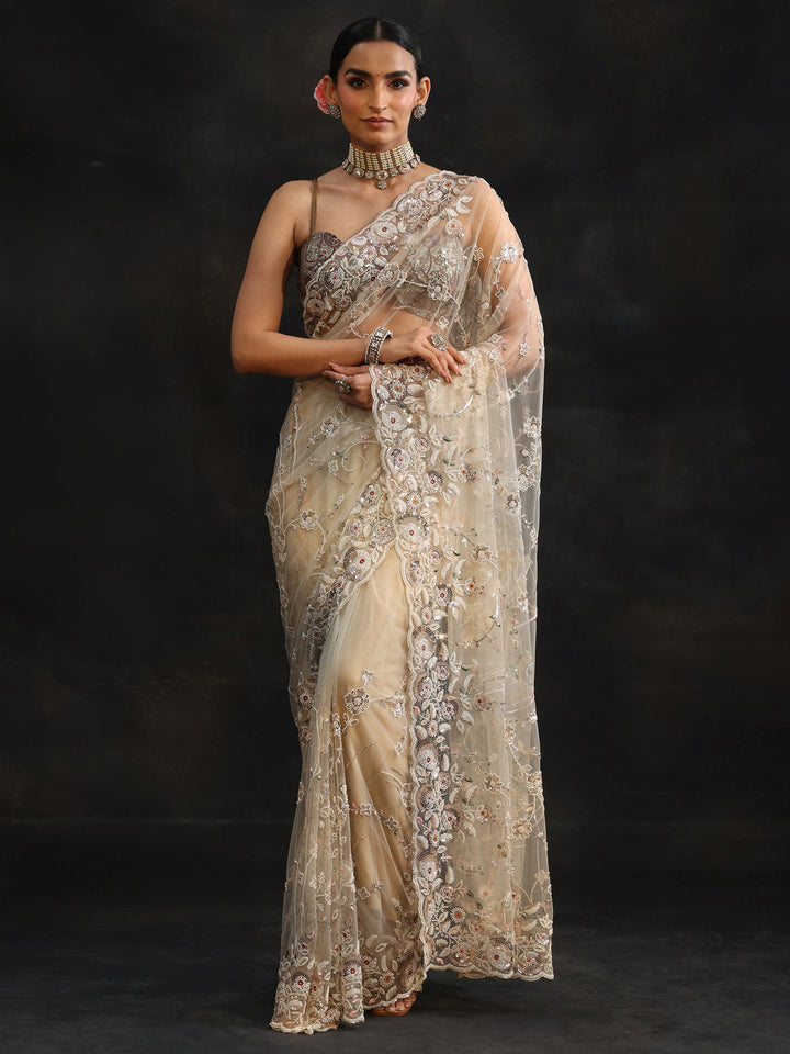 Libas Art Cream Bead and Sequin Embellished Floral Net Saree
