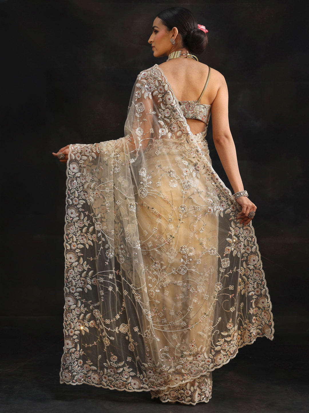 Libas Art Cream Bead and Sequin Embellished Floral Net Saree