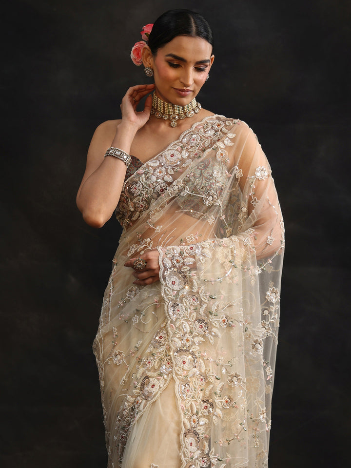 Libas Art Cream Bead and Sequin Embellished Floral Net Saree