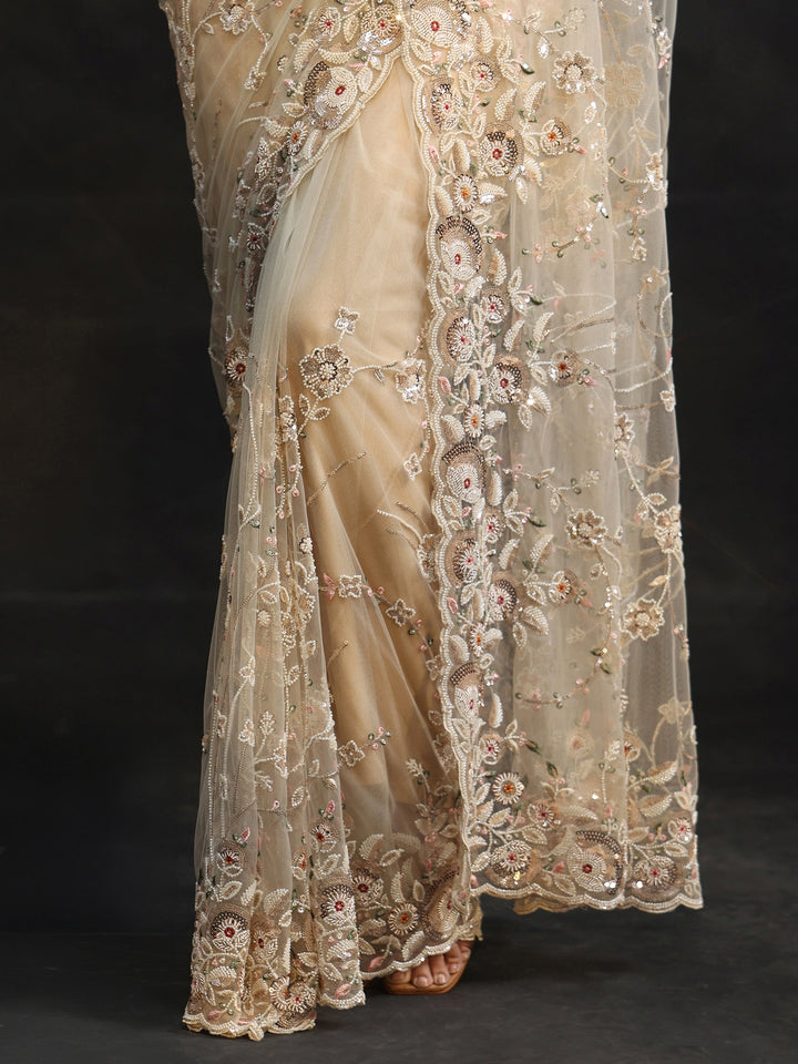 Libas Art Cream Bead and Sequin Embellished Floral Net Saree