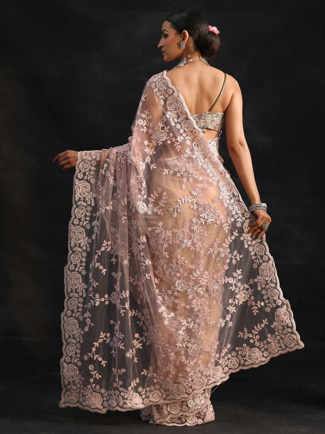 Libas Art Baby Pink Sequin Embellished Floral Net Saree