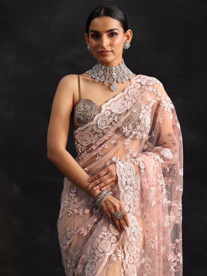 Libas Art Baby Pink Sequin Embellished Floral Net Saree
