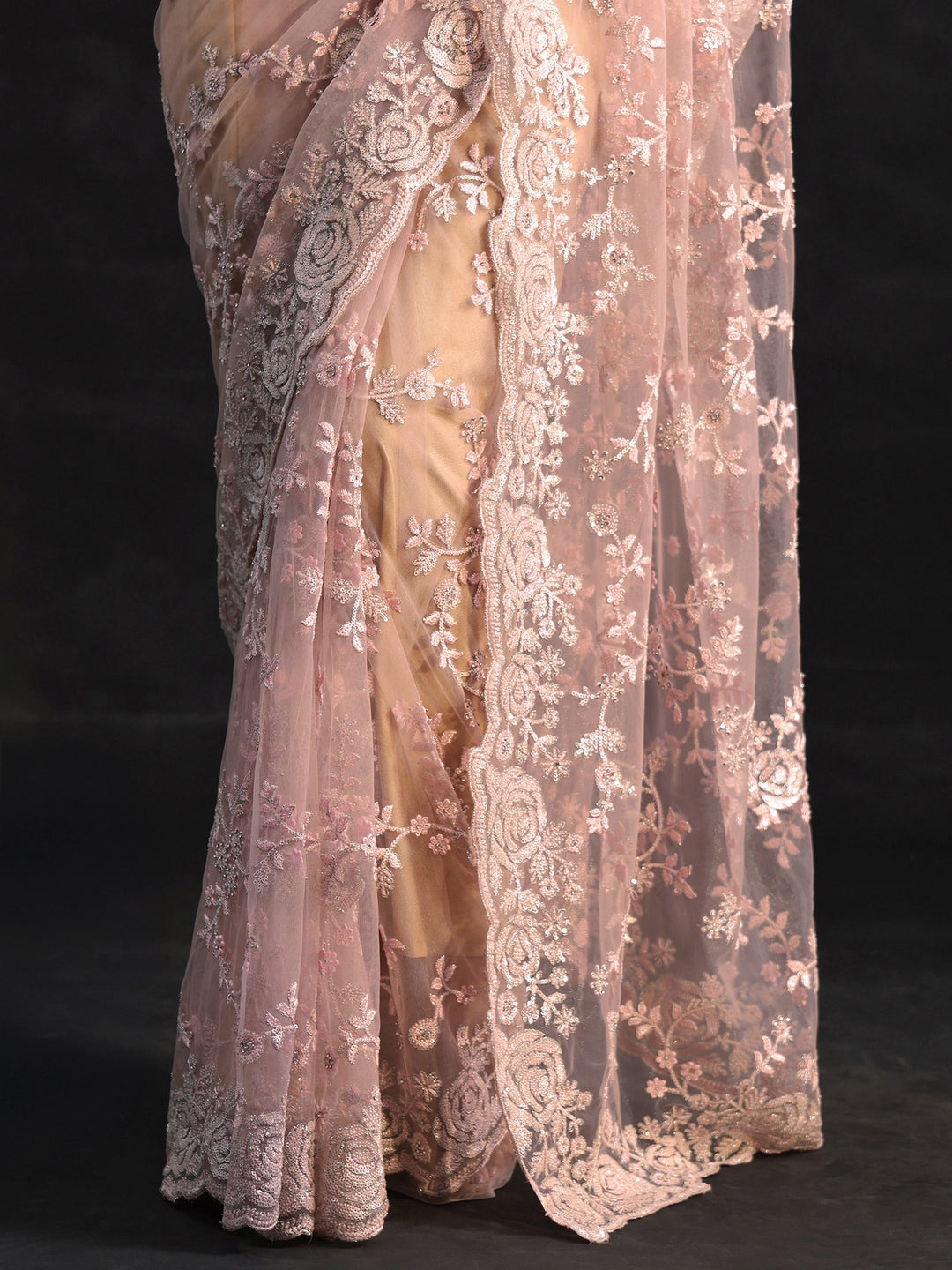 Libas Art Baby Pink Sequin Embellished Floral Net Saree