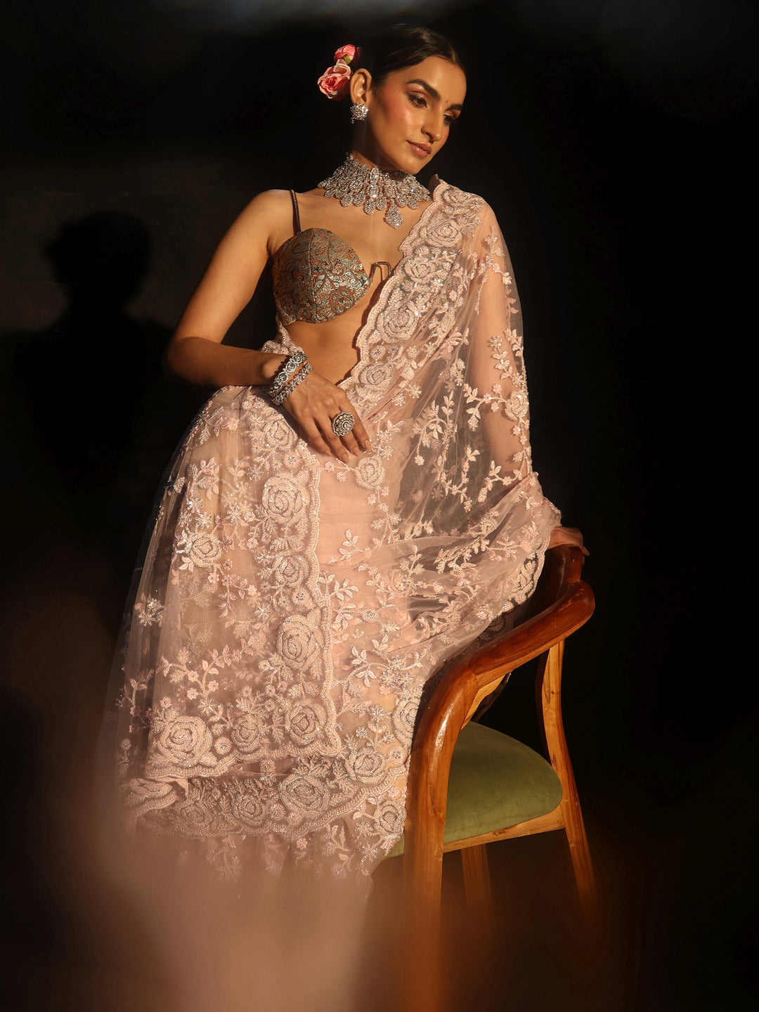 Libas Art Baby Pink Sequin Embellished Floral Net Saree