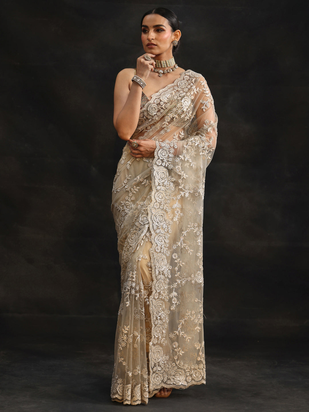 Libas Art Taupe Grey Sequin Embellished Floral Net Saree