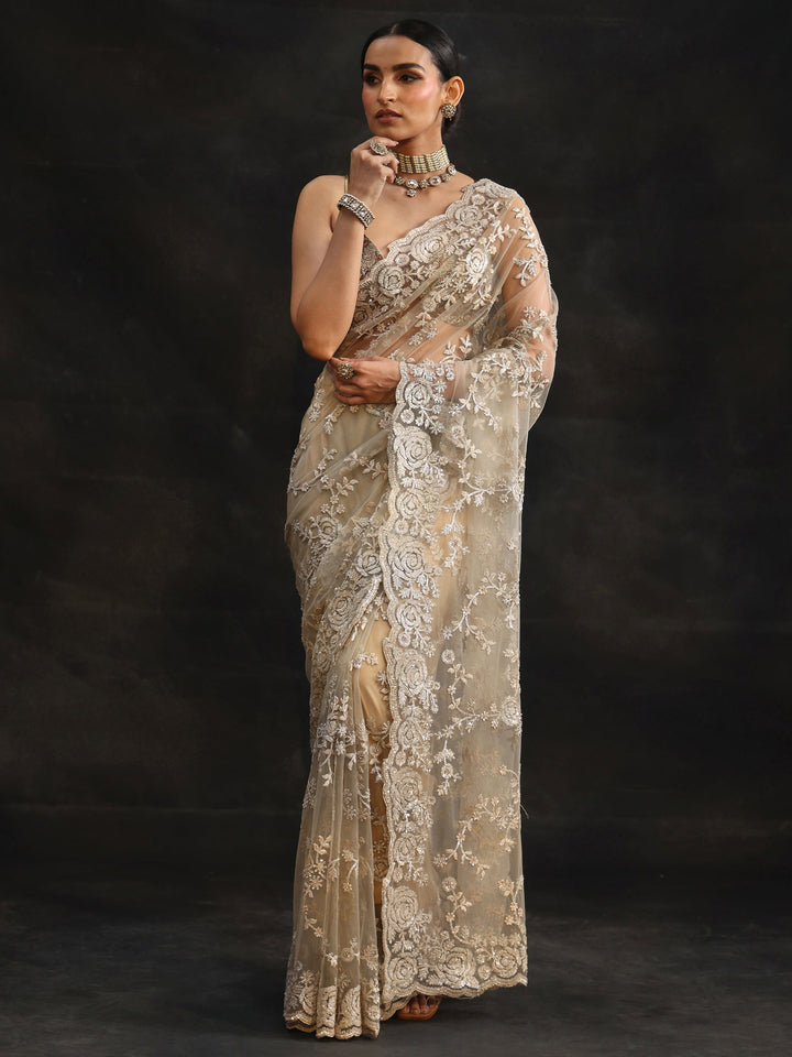Libas Art Taupe Grey Sequin Embellished Floral Net Saree